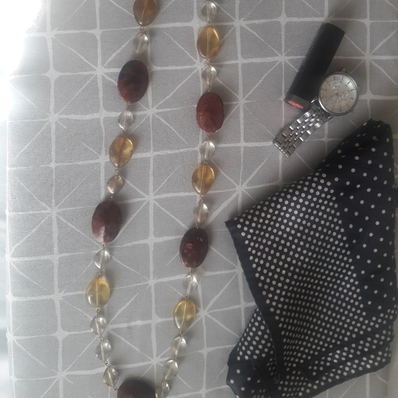 Long Clear and Earth tone beaded necklace - Picture 2 of 4